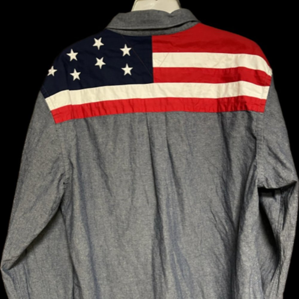 Vtg Tommy Hilfiger Jeans American Flag Button Shirt XL Denim 90s USA Denim